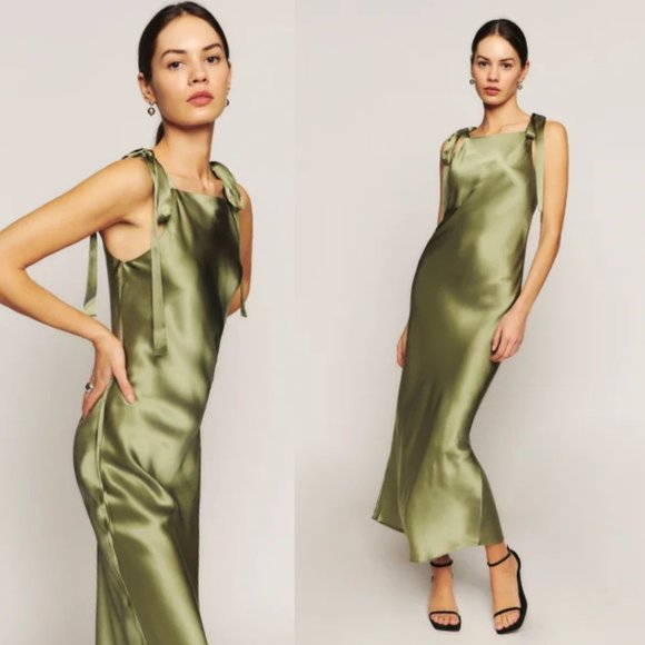 NWT Reformation Aden Silk Midi Slip Dress SZ S Artichoke Shoulder Tie Straps - Picture 2 of 10